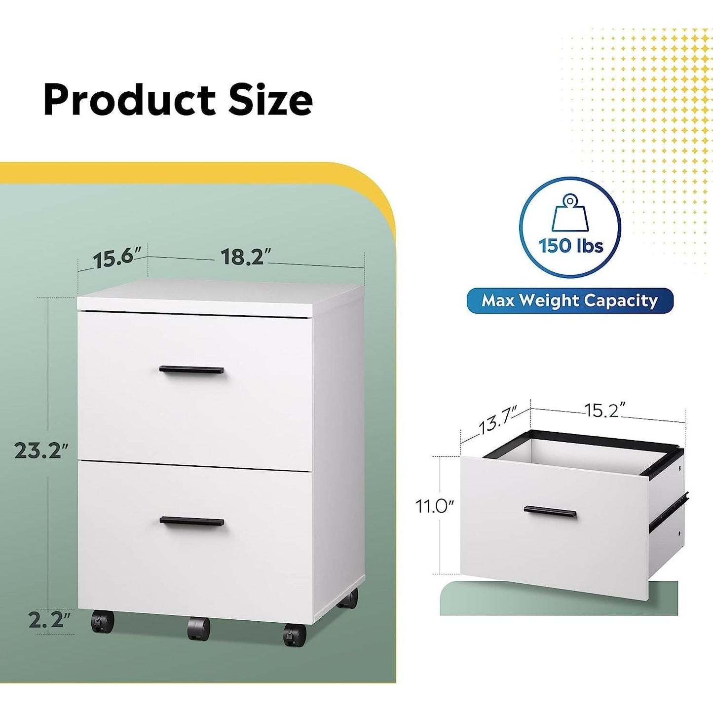 Mobile White Wood Lateral File Cabinet With 2 Drawers