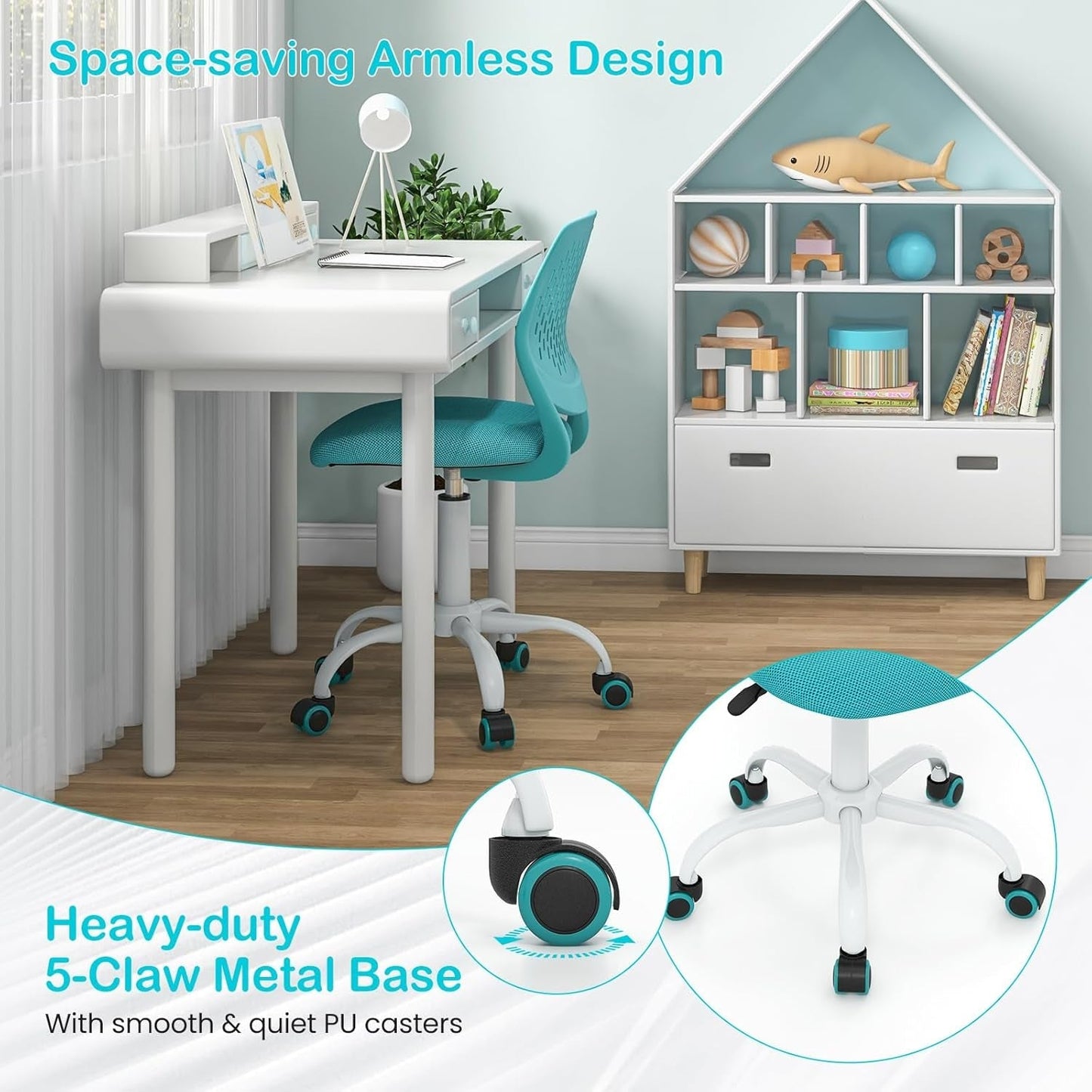 Turquoise Height Adjustable Kids Desk Chair With Lumbar Support