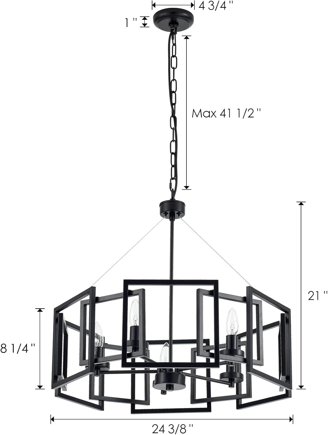 Industrial Style Five Light Matte Black Pendant Chandelier with geometric design and dimensions