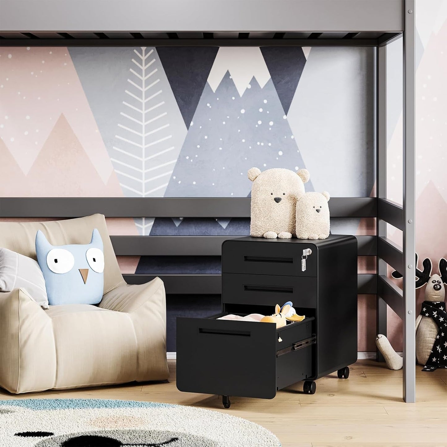 Mobile 3 Drawer Filing Cabinet With Lock Black Rolling