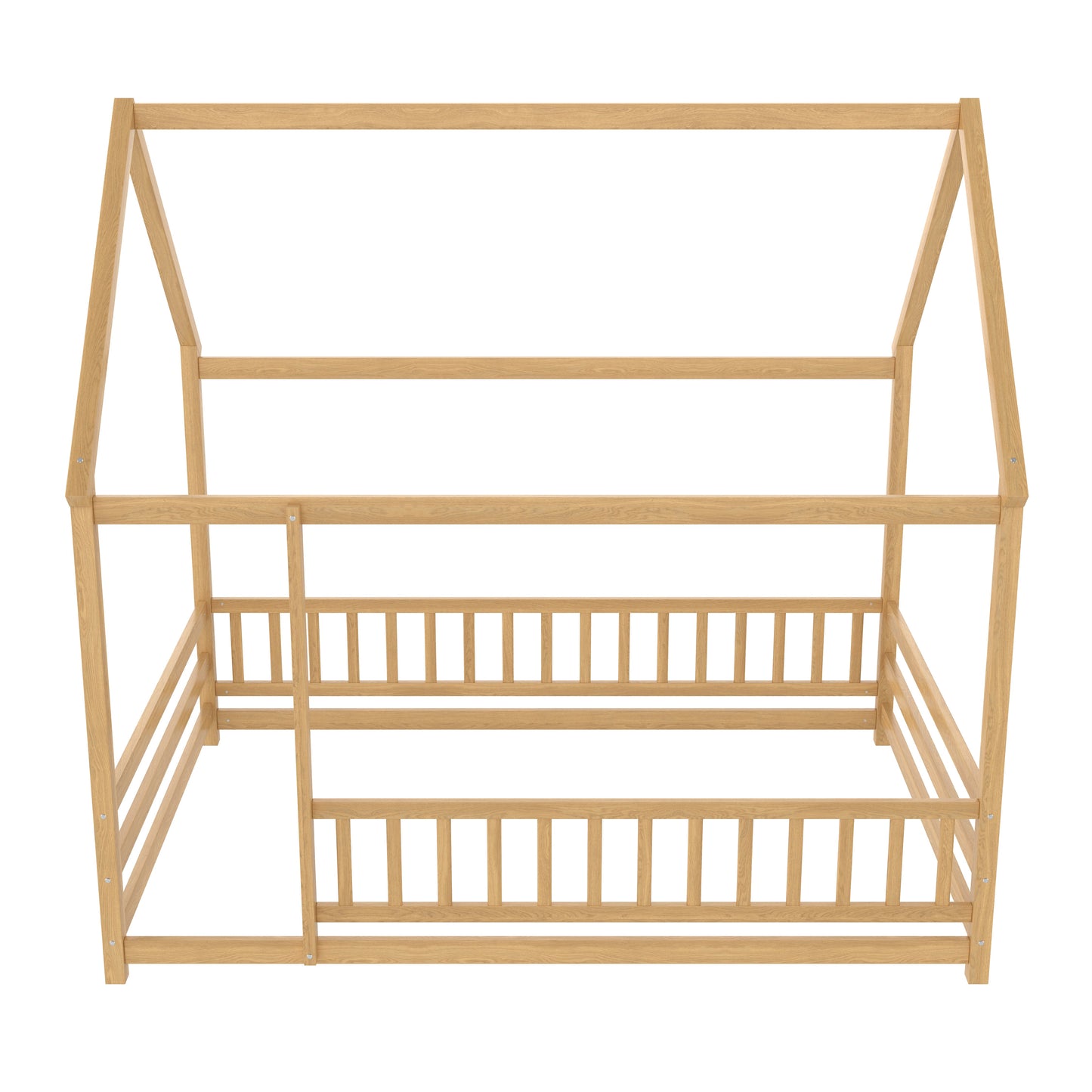 Full Size Floor Wooden Bed with House Roof Frame, Fence Guardrails