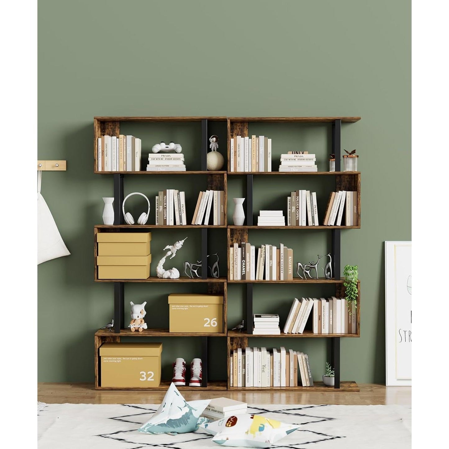 5-Tier S Shaped Bookcase In Rustic Brown Wood Shelving