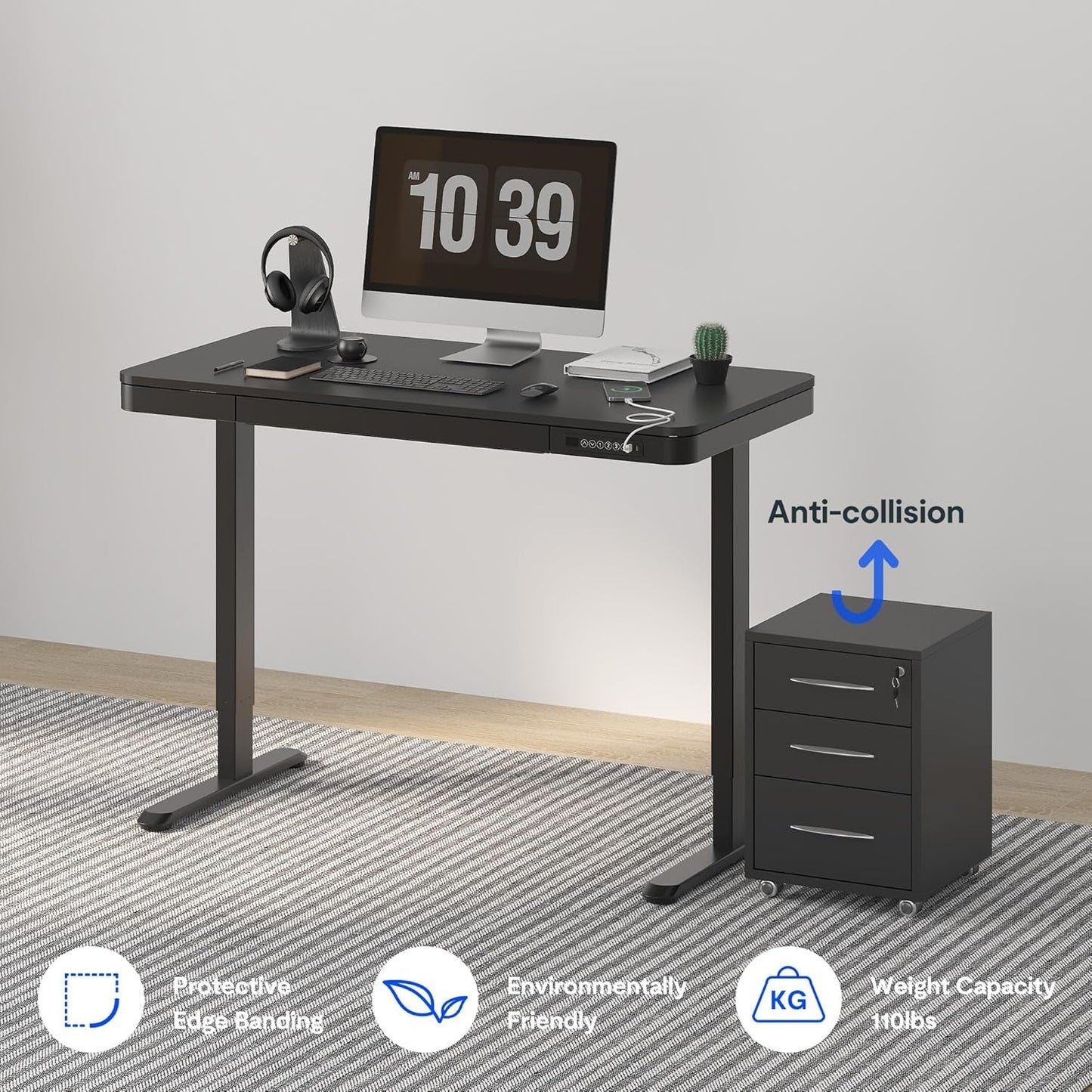 Electric Standing Desk With USB Ports And Drawer Storage