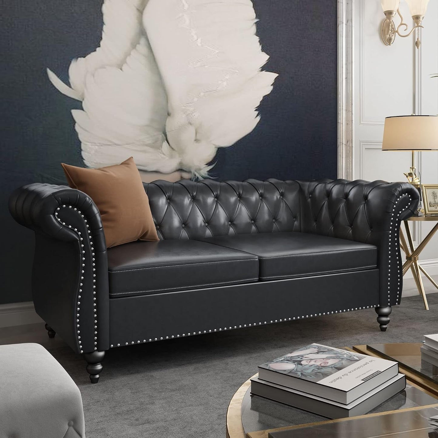 Two Piece Chesterfield Leather Living Room Set With Black Leather Loveseat And Chair