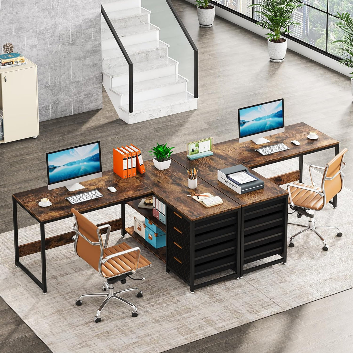 59” L-Shaped Computer Desk with Drawers and Storage Shelves