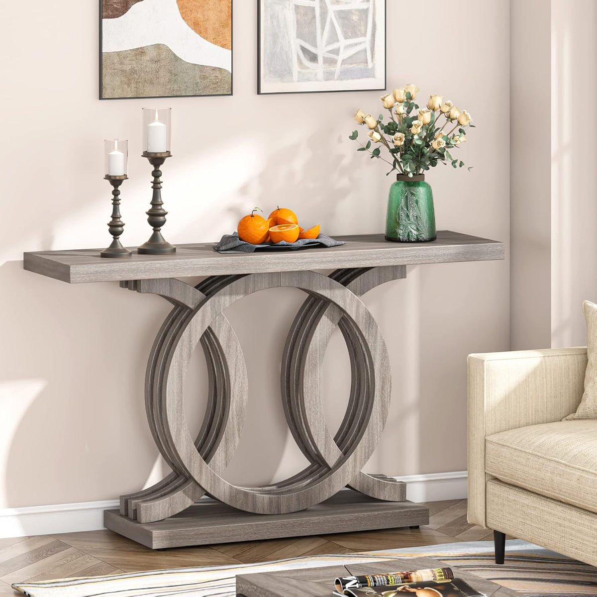 55” Farmhouse Console Table with Geometric Wooden Base