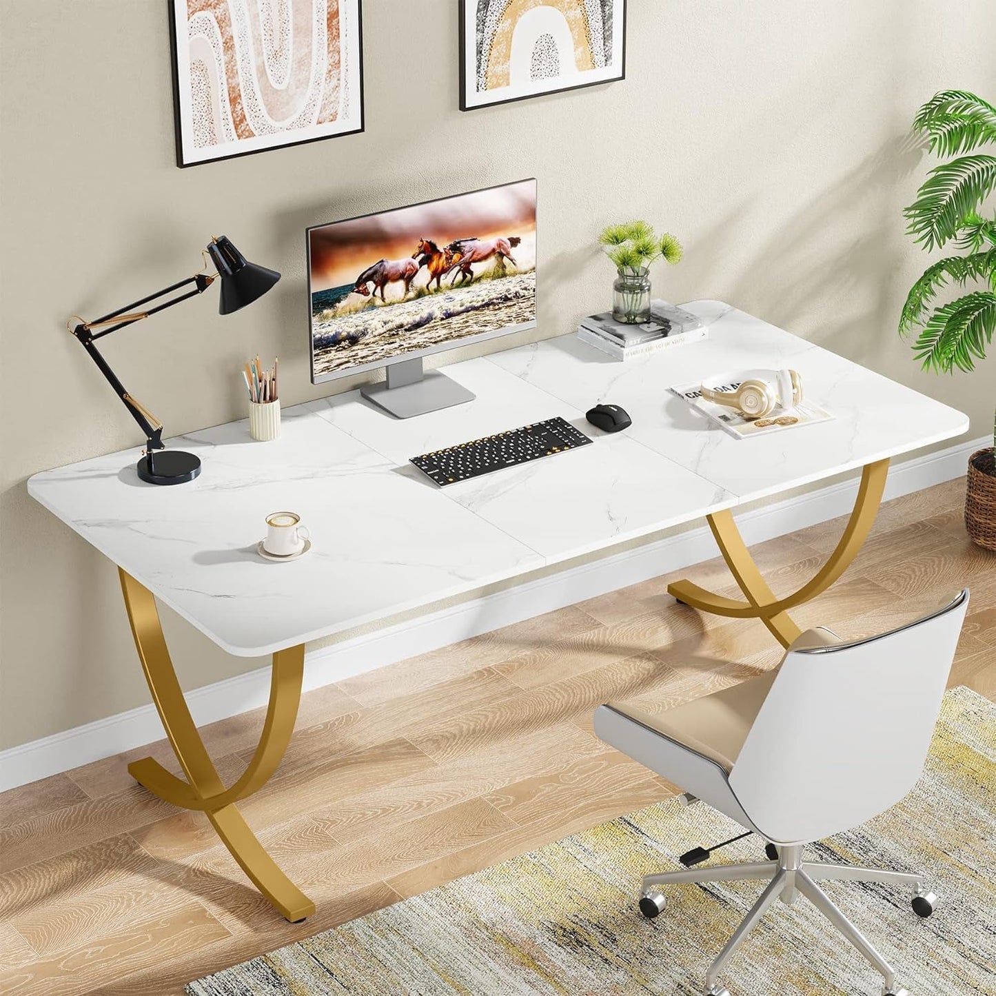 Executive Desk 63W X 31.5D White And Gold Computer Desk