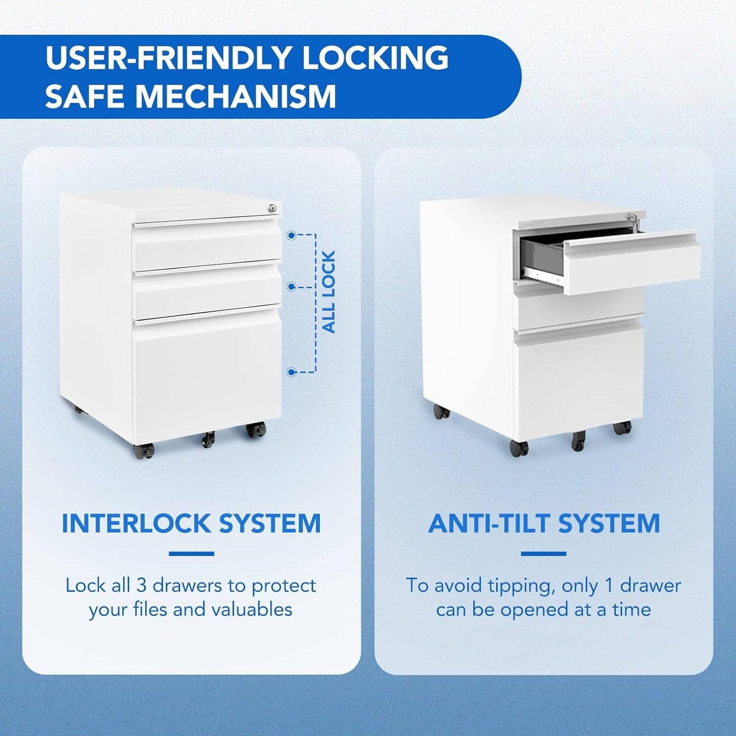 Three Drawer Mobile File Cabinet Under Desk White With Locking System For Legal Letter A4 Files