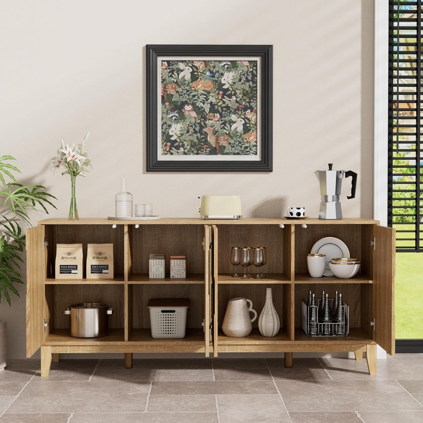 63 Inch Buffet Cabinet White With Blue Water Pattern