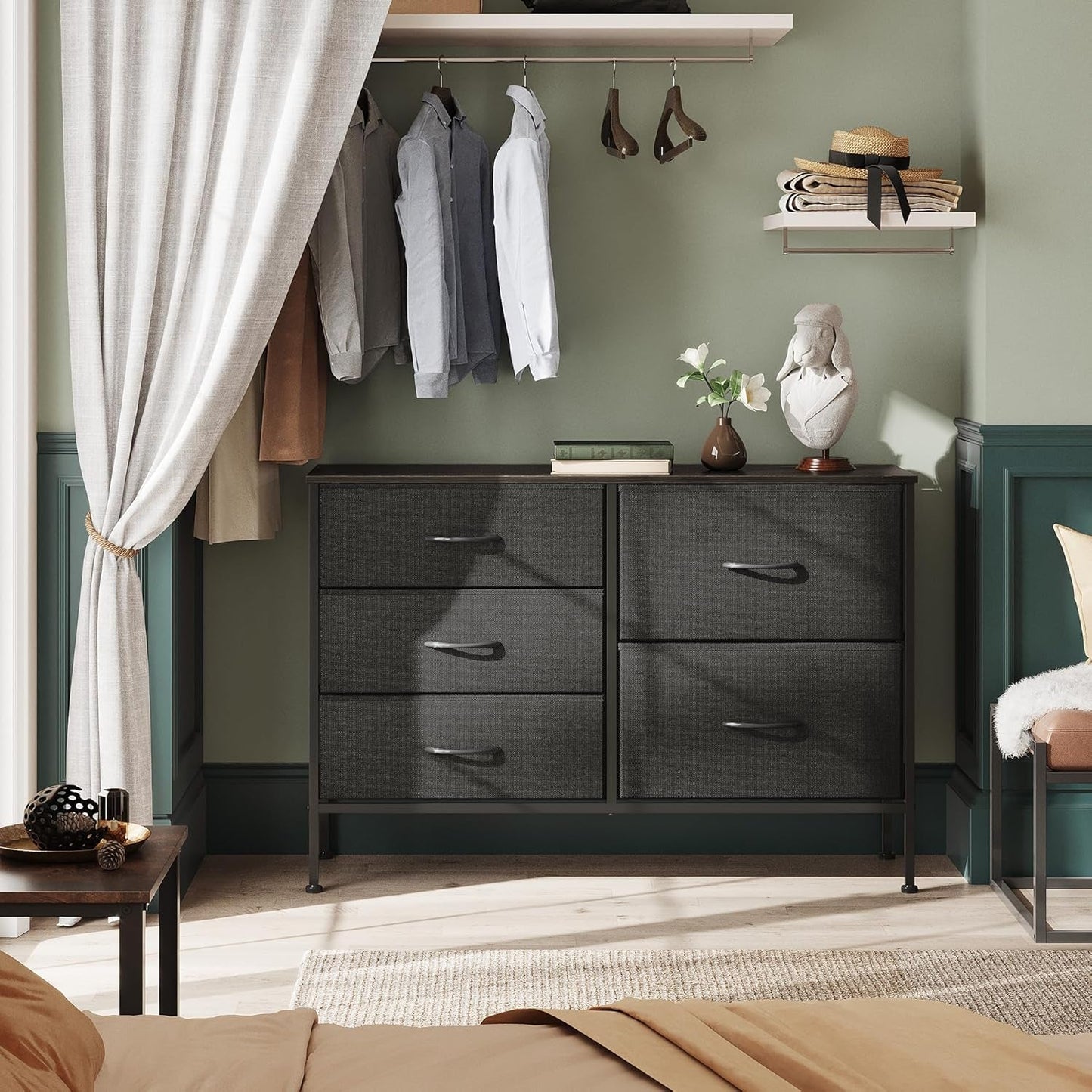 Charcoal Black Fabric Dresser With 5 Drawers For Bedroom Storage
