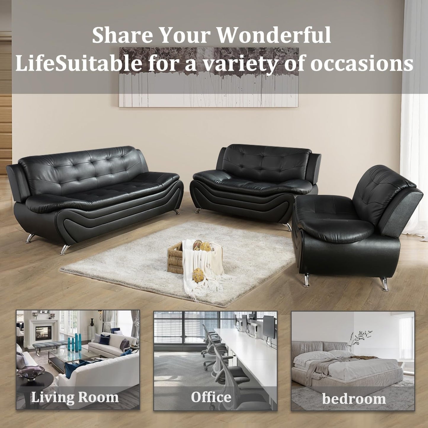 3 Piece Faux Leather Sofa Set For Living Room Black 3 Seater Sofa Loveseat Armchair