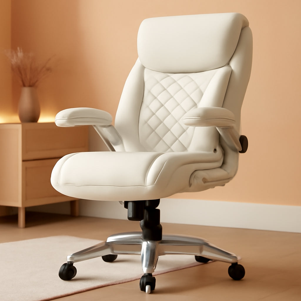 Cream Leather Ergonomic Office Chair With Flip Up Armrests