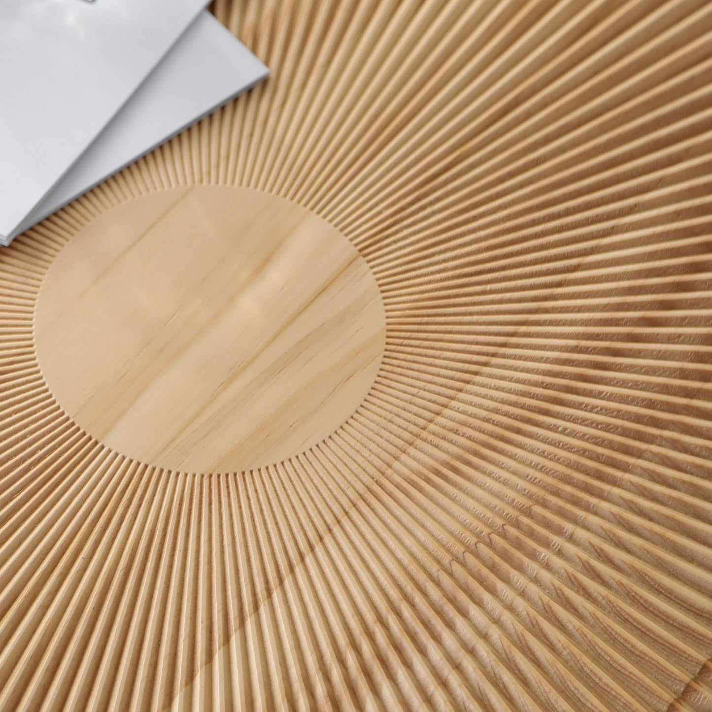 Modern Round Coffee Table with Wooden Carving Pattern and Metal Legs