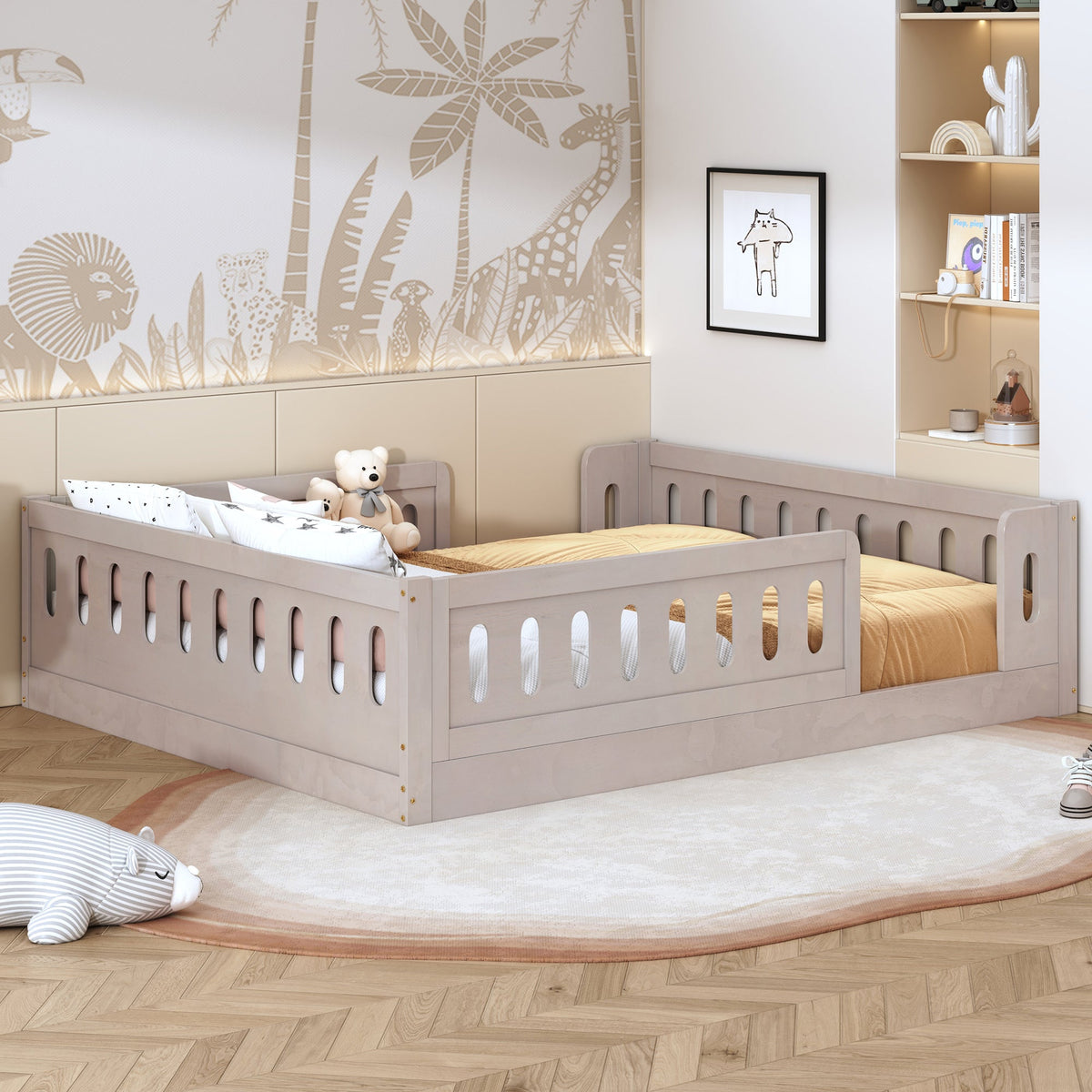 Wood Full Size Platform Bed with Guardrail