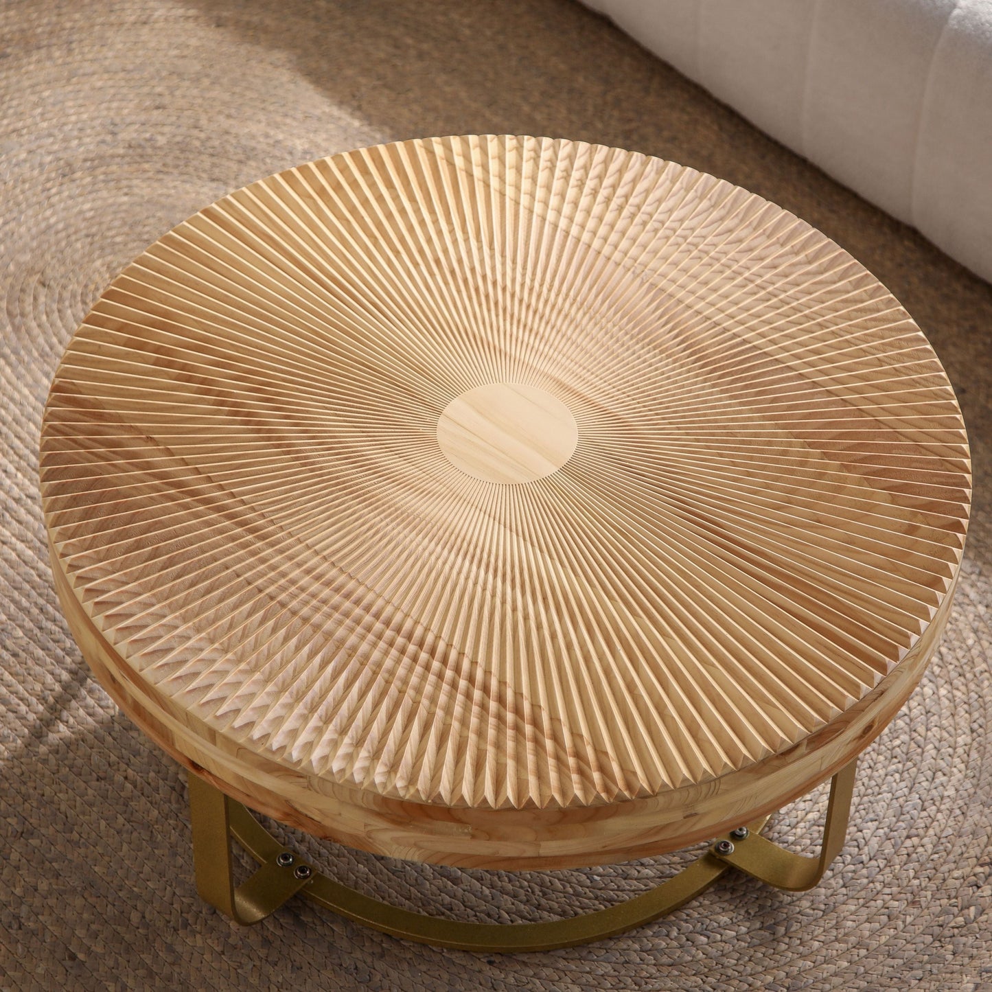 Modern Round Coffee Table with Wooden Carving Pattern and Metal Legs