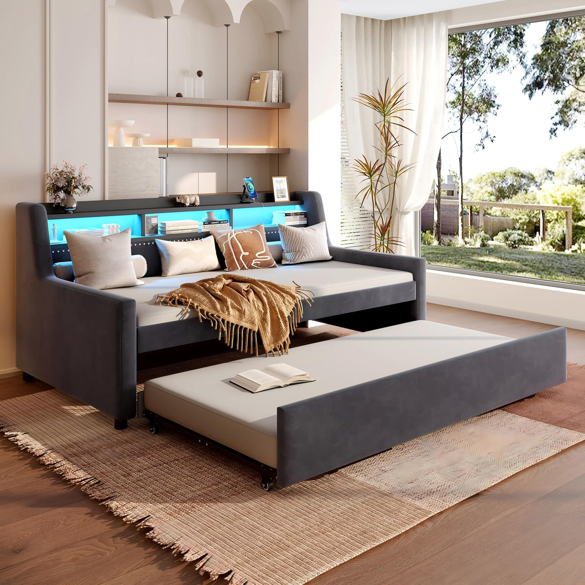 Twin Size Daybed with Trundle, Upholstery Daybed with LED Light & Charging Station
