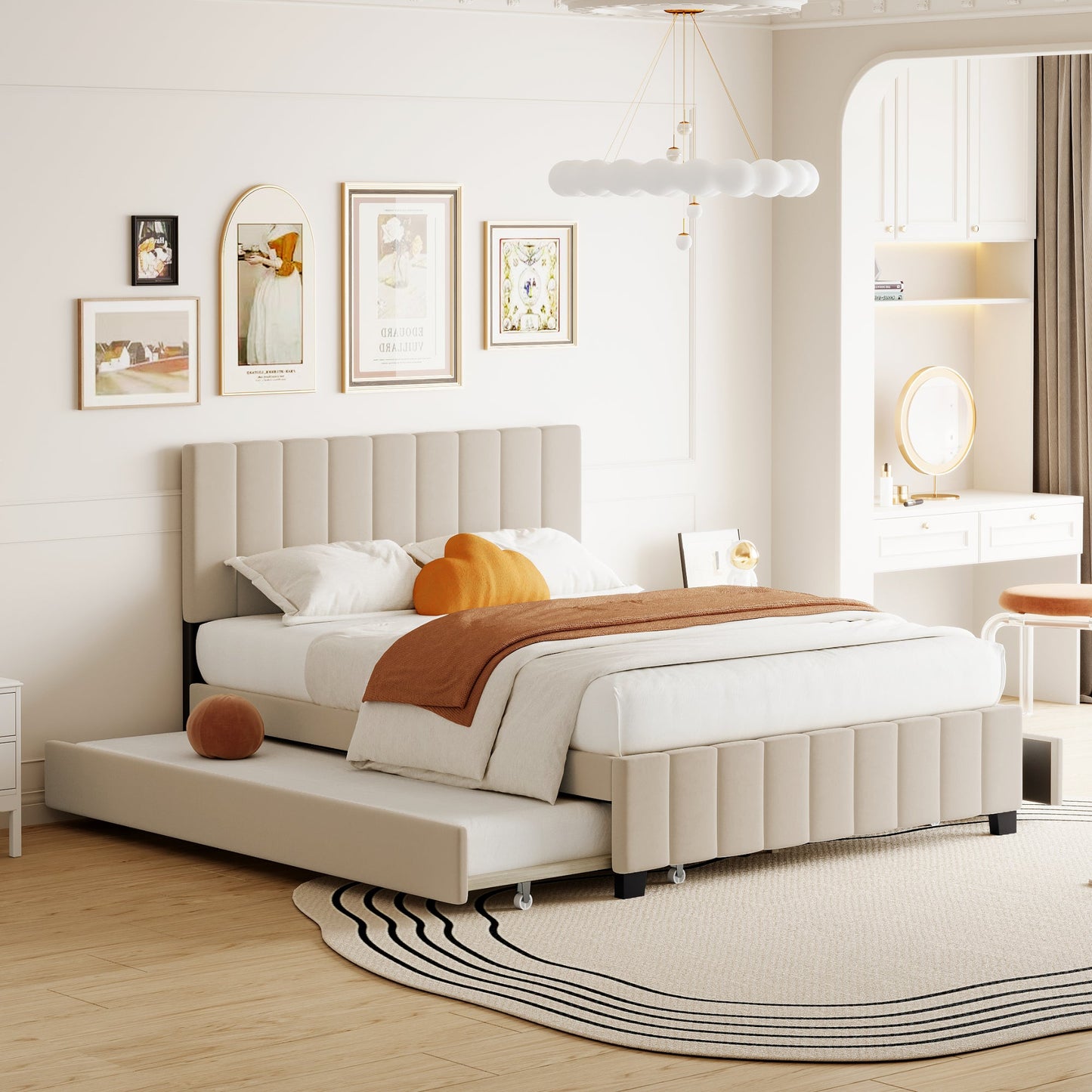 Queen Size Velvet Upholstered Platform Bed with 2 Drawers and Trundle