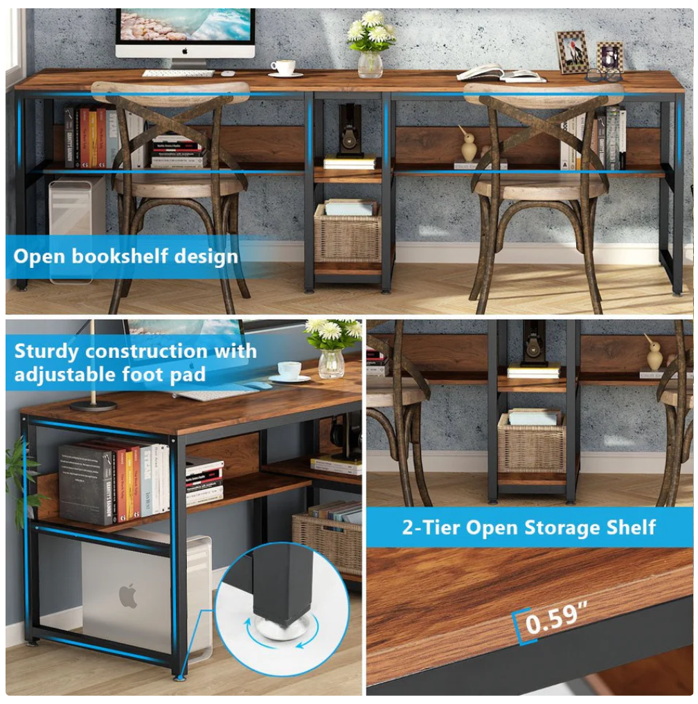 78.7" Double Desk for Two Persons with Bookshelves