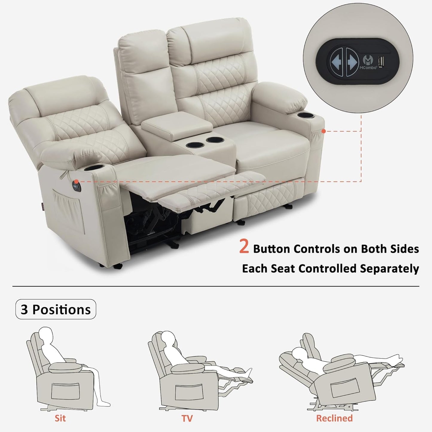 Power Recliner Loveseat With Console And Heat Vibration USB Light Grey