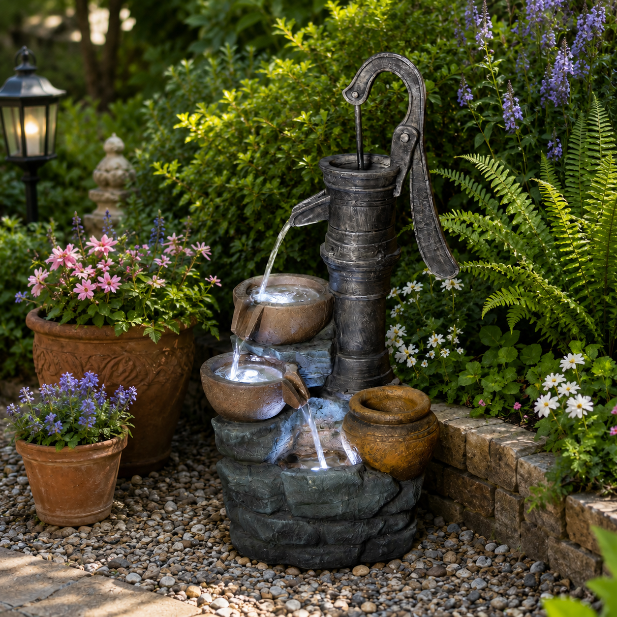 32" H Large Outdoor Water Fountain with Vintage Pump