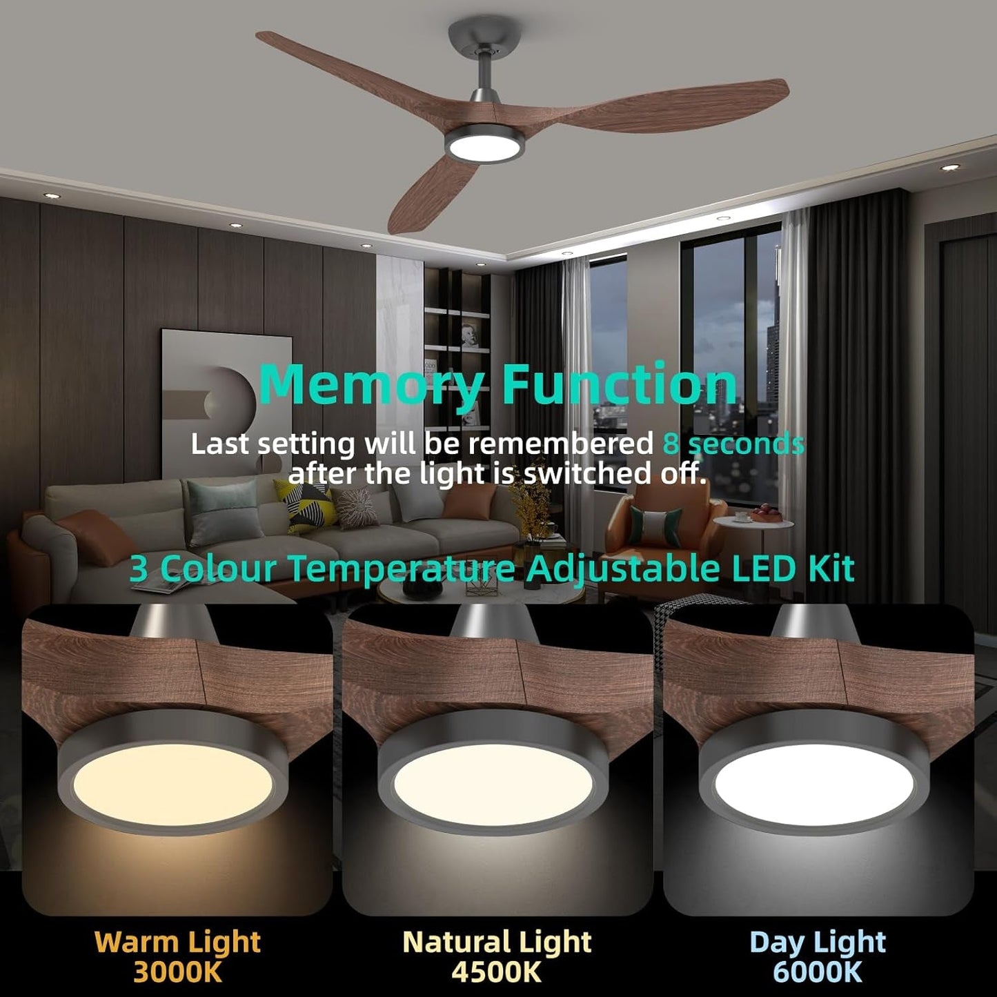52 Inch Black Ceiling Fan With Lights And Remote Control showcasing 3 colour temperature adjustable LED kit in a modern living room.