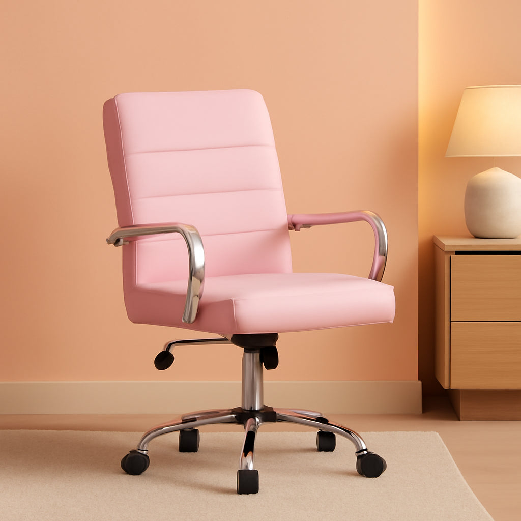 Pink Mid Back Office Chair With Arms 360 Degree Swivel