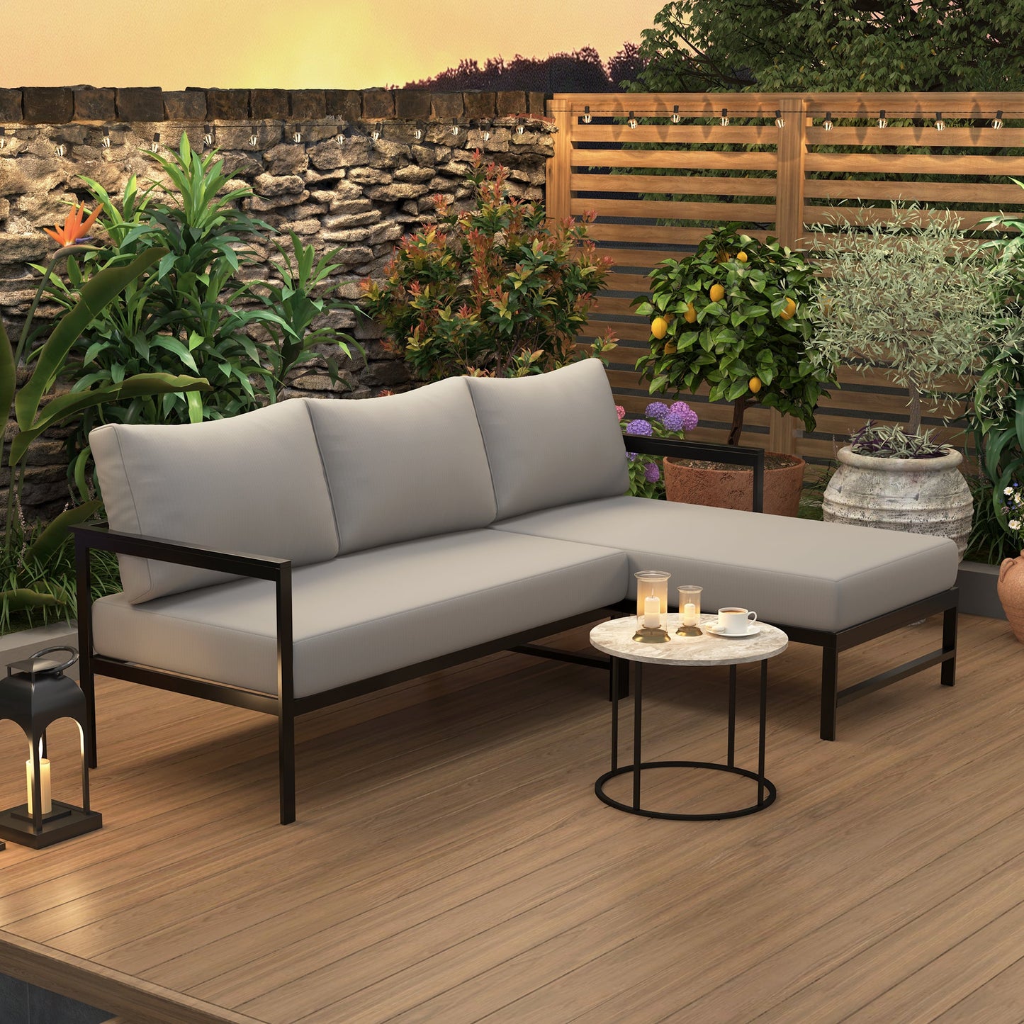 U_Style Outdoor L-Shaped Sofa with Iron Frame