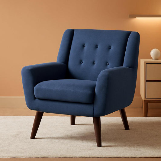 Dark Blue Linen Upholstered Tufted Midcentury Armchair