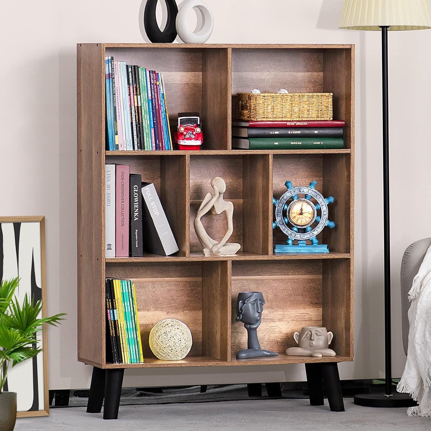 7 Cube Bookshelf 3 Tier Modern With Legs Oak Grey Display