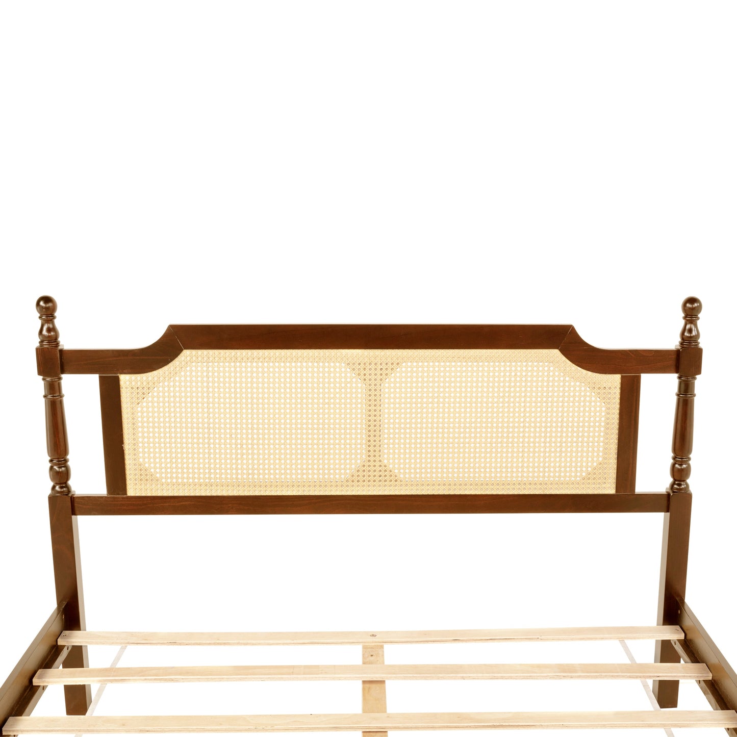 Queen Pine wooden Bed with Rattan Headboard  and Footboard, with  Central Enhanced Bed Platform,Walnut