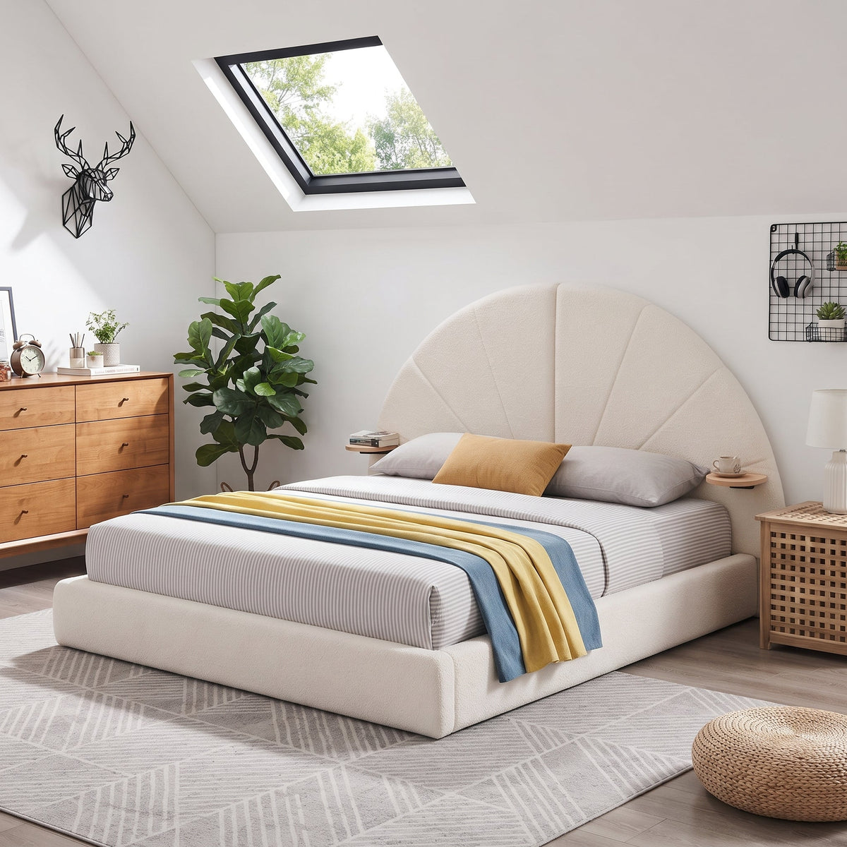 Unique Arched Boucle Bed with Small Table, Queen