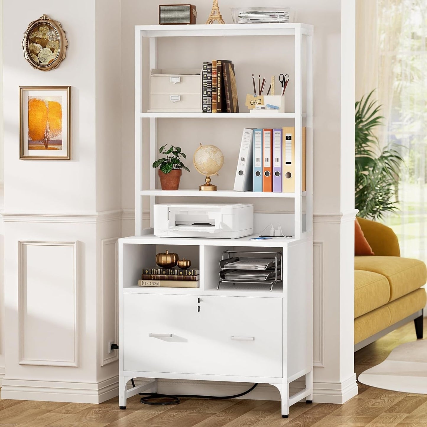 White Printer Stand With Locking File Cabinet And Charging Station