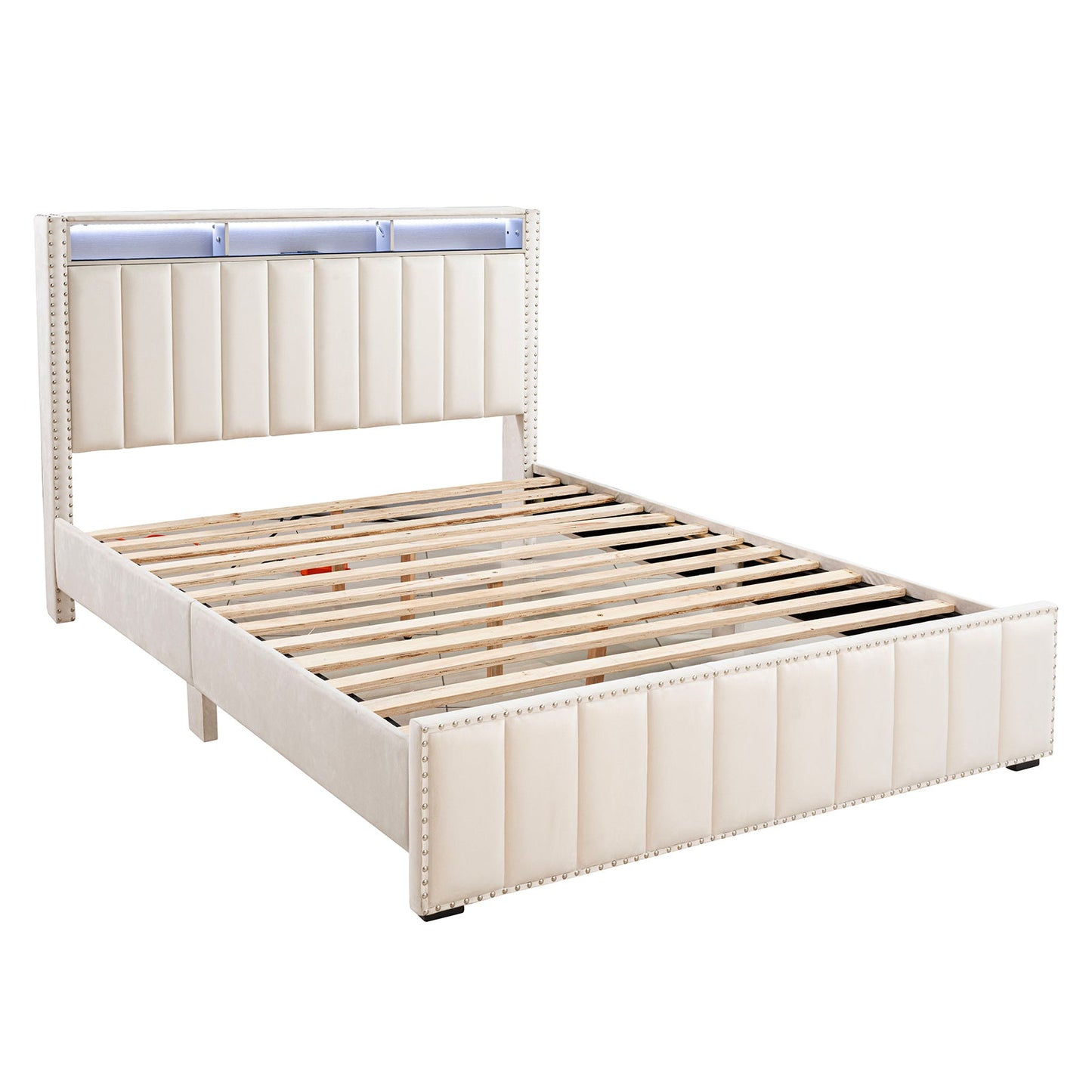 Queen Size Bed 2x Nightstands Bedroom Furniture Contemporary Beige Fabric Upholstered Bedframe w LED Nailhead Trim 3pc Bedroom Set