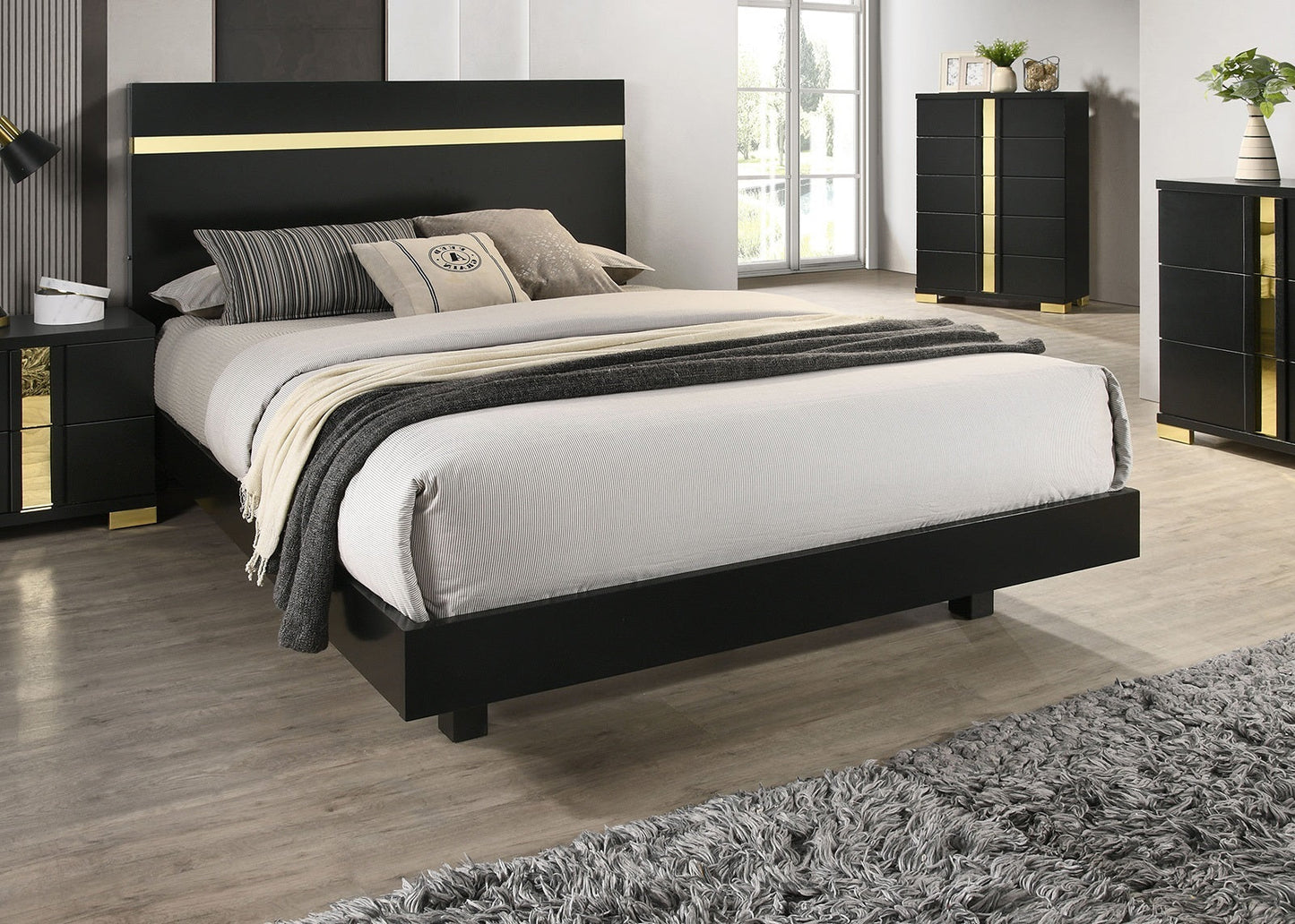 Modern Black 3pc Bedroom Set Full Size Bed w LED 2x Nightstands Mattress Ready Furniture Acrylic Trim