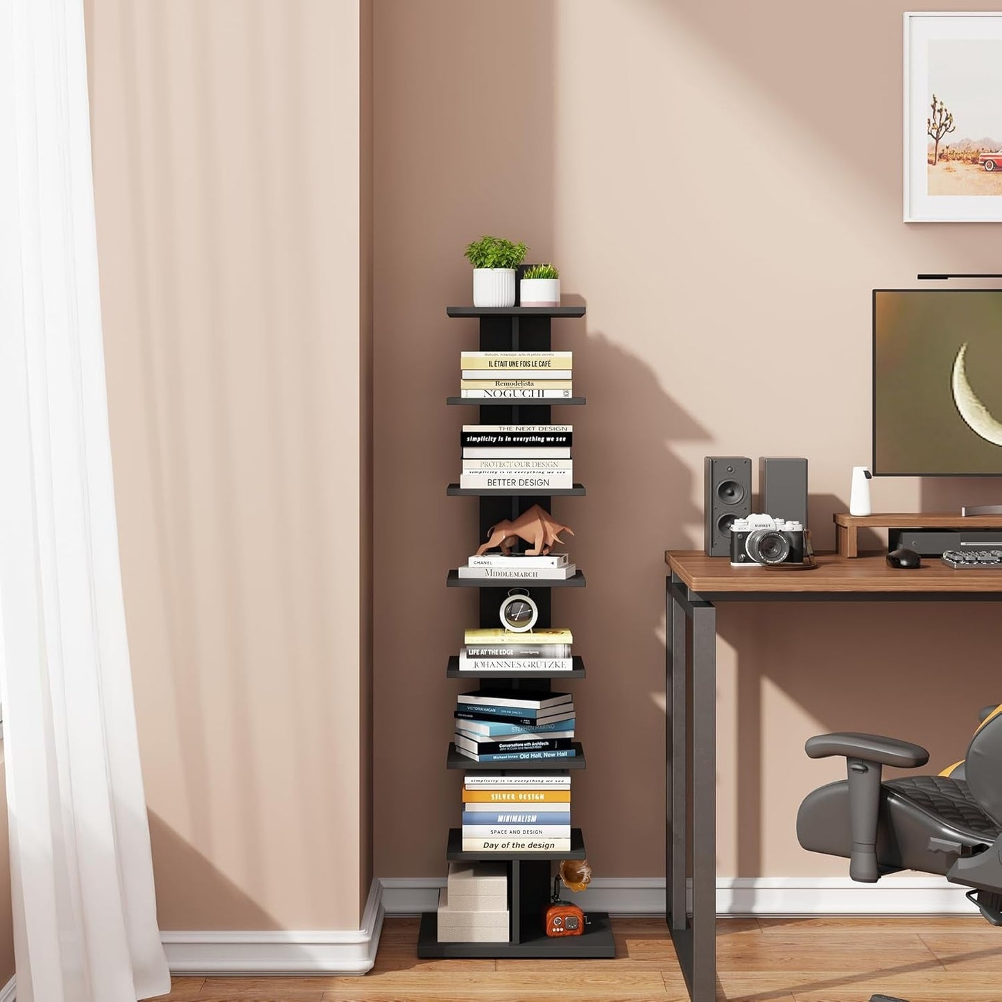 Vertical 8 Tier Bookshelf Black For Small Spaces Bookcase