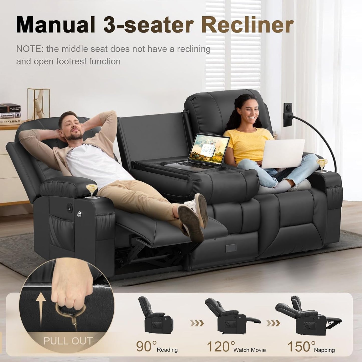 Three Seat Recliner Sofa With Flip Backrest And USB Ports