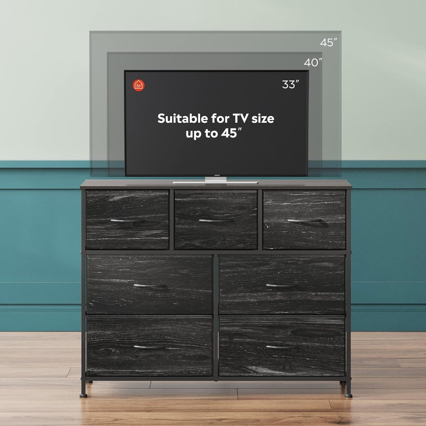 TV Stand For 45 Inch TV With Durable Fabric Drawers showcasing suitable TV sizes up to 45 inches.