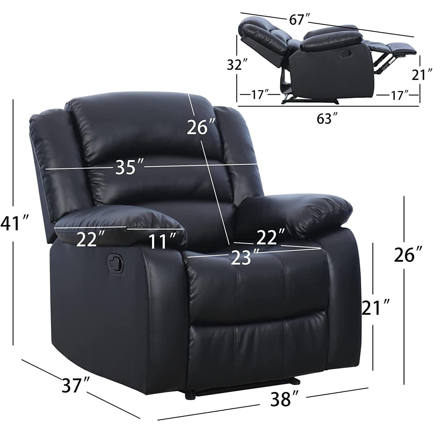 Black Bonded Leather Recliner With Overstuffed Arm And Back