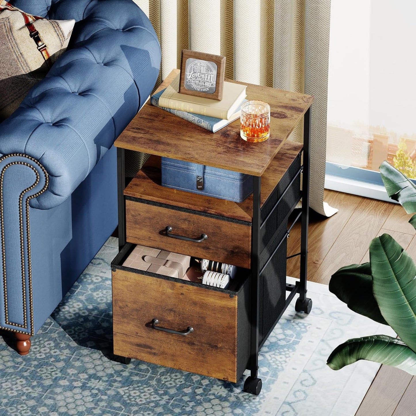 2 Drawer Mobile File Cabinet With Open Shelf Rolling Printer Stand For A4 Or Letter Size Files Rustic Brown Wood Grain