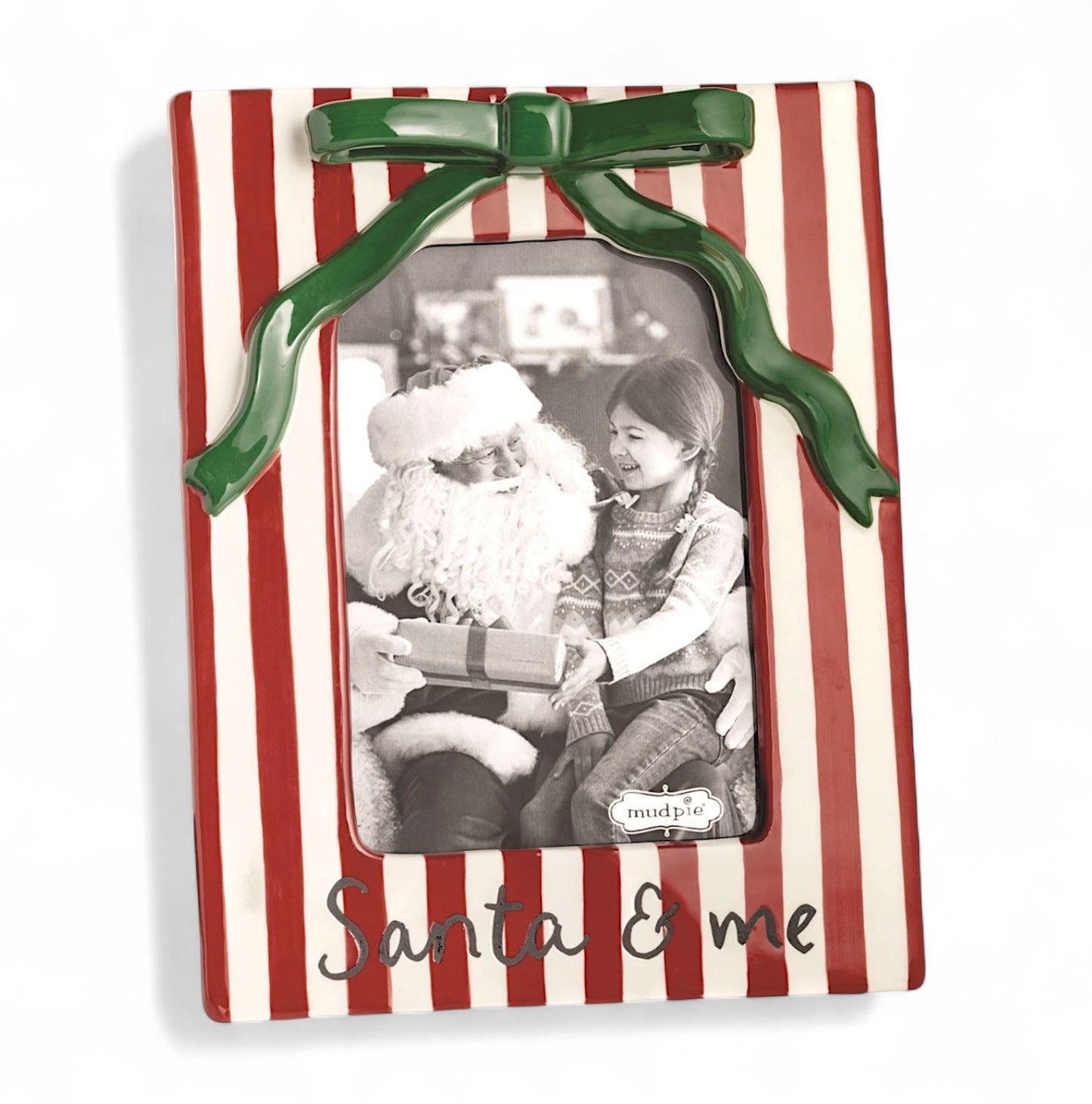 Christmas Bow Red & White Stripe Ceramic Photo Frame