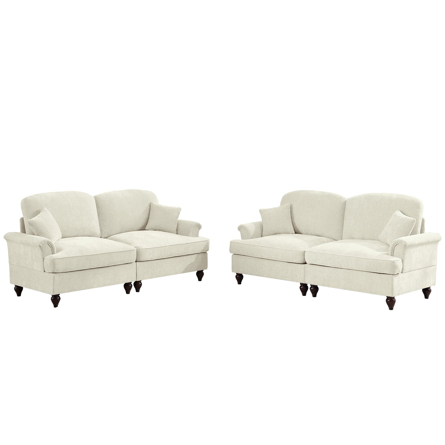 Classic 2 Piece Modular Couch Living Room Sofa Set with Flared Arms and Removable Ruffles Pleats Skirts and Spindle Legs, 2 Seater Sofa + 2-Seat Loveseat Sofa Sets for Living Room, Beige White