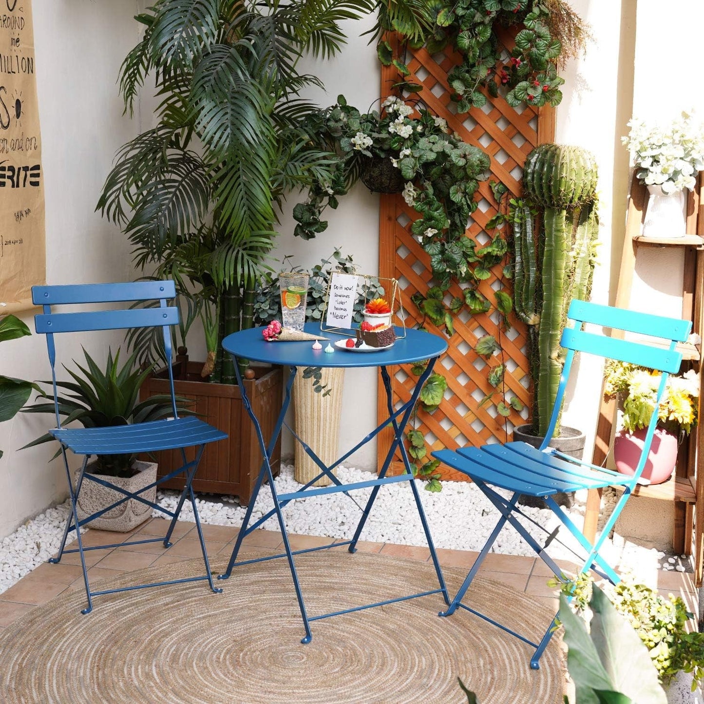 Peacock Blue 3 Piece Folding Bistro Set For Patio Garden