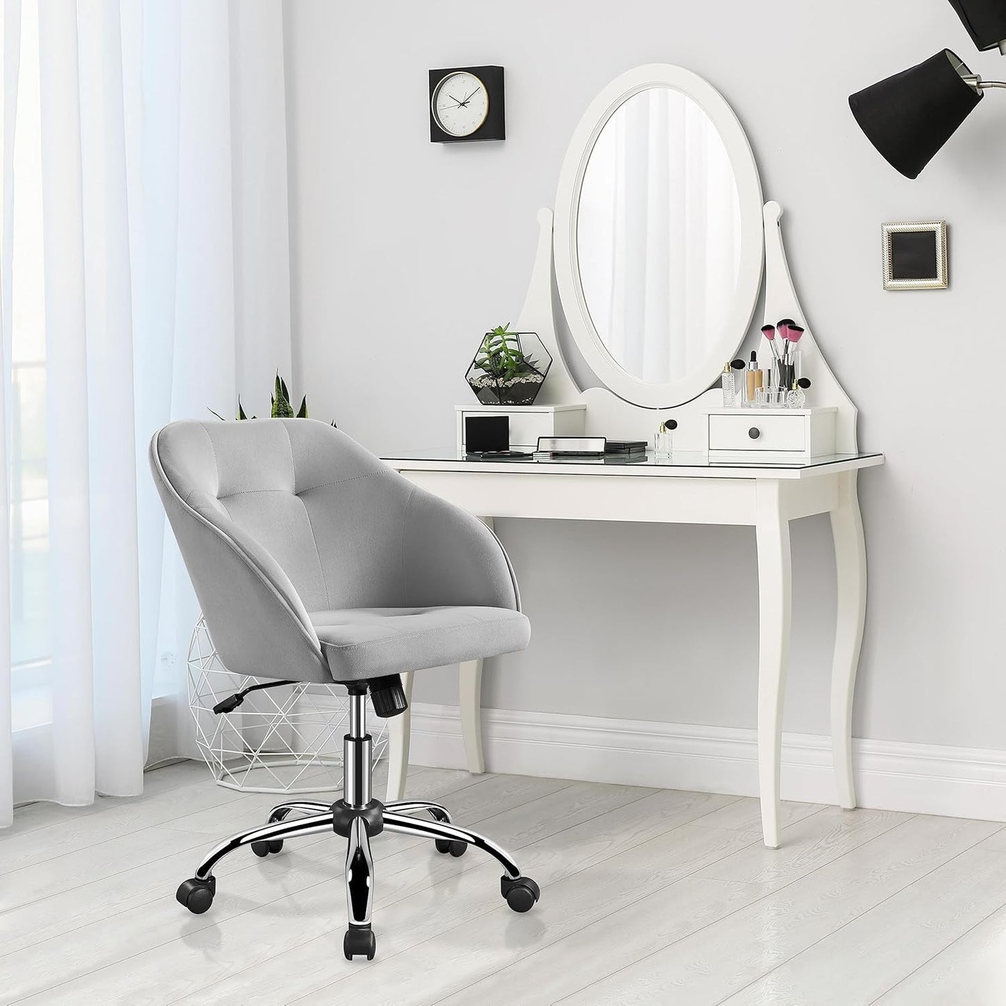 Light Gray Velvet Desk Chair With Adjustable Tilt Arm