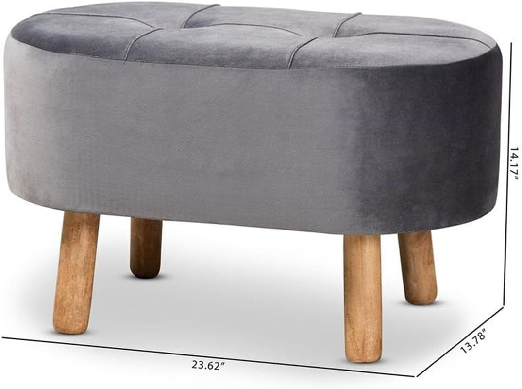 Greyish Velvety Upholstered Wood Ottoman Mid Century