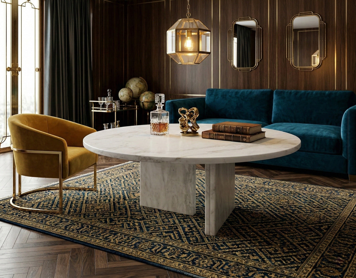 White Semi-Polished Marble Round Coffee Table