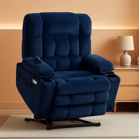 Large Wide Navy Blue Dual Motor Lift Recliner Massage And Heat