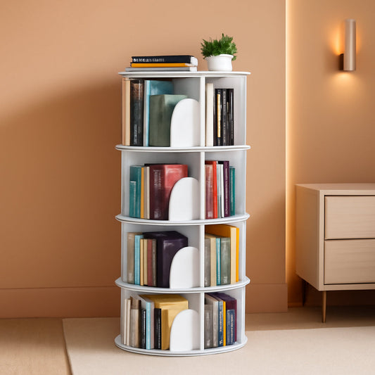 4 Tier Rotating Bookshelf Tower White Spinning Bookcase