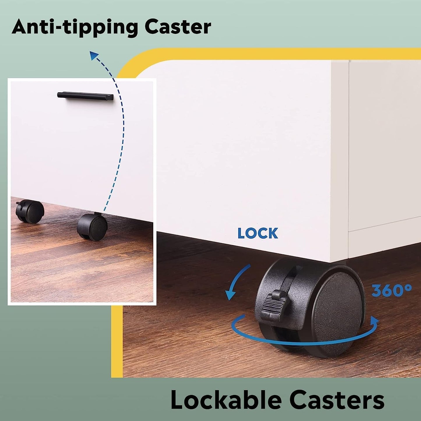 Mobile White Wood Lateral File Cabinet With 2 Drawers