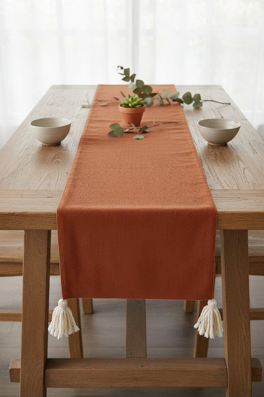 Cotton Corduroy & Linen Two-Sided Table Runner with Frayed Tassels