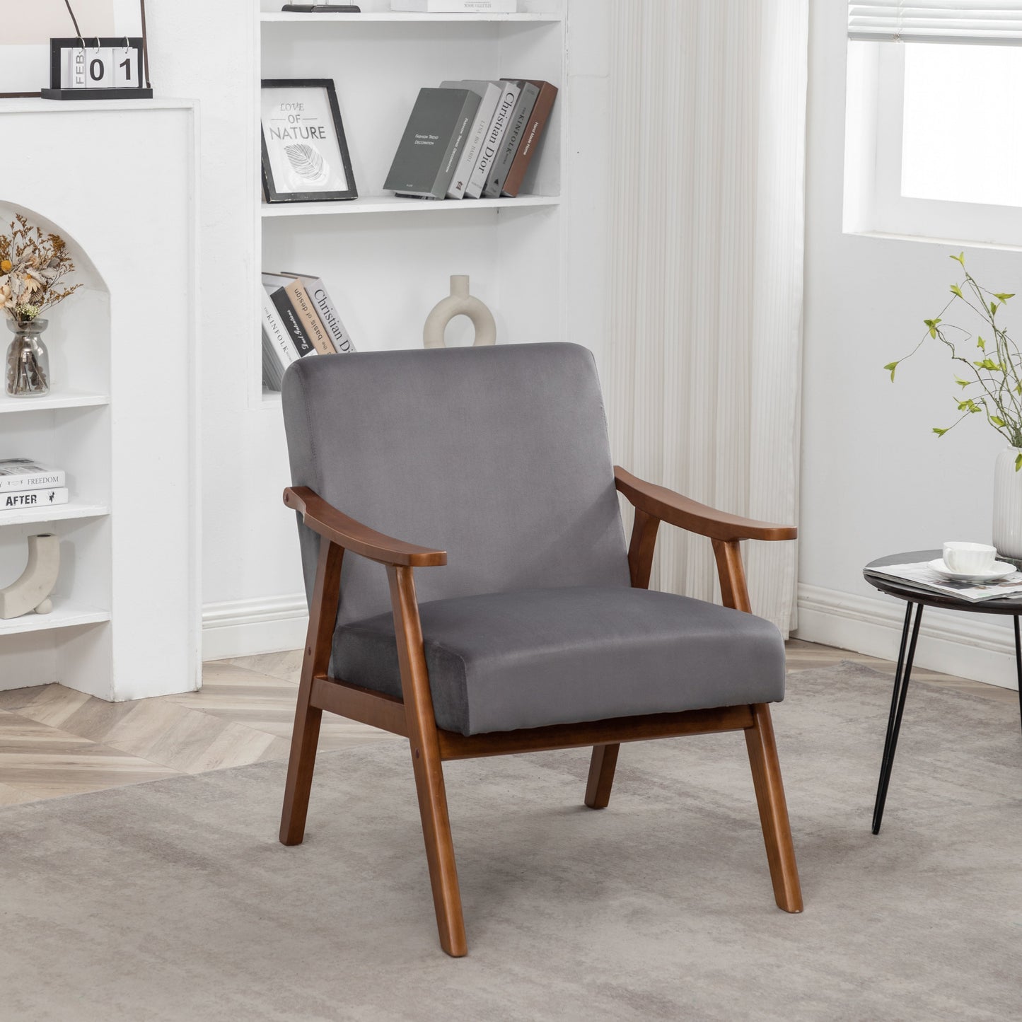Accent Chair with Velvet Upholstery and Solid Wood Frame